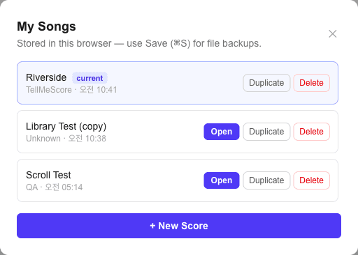The My Songs dialog listing songs stored in the browser with Open, Duplicate and Delete actions
