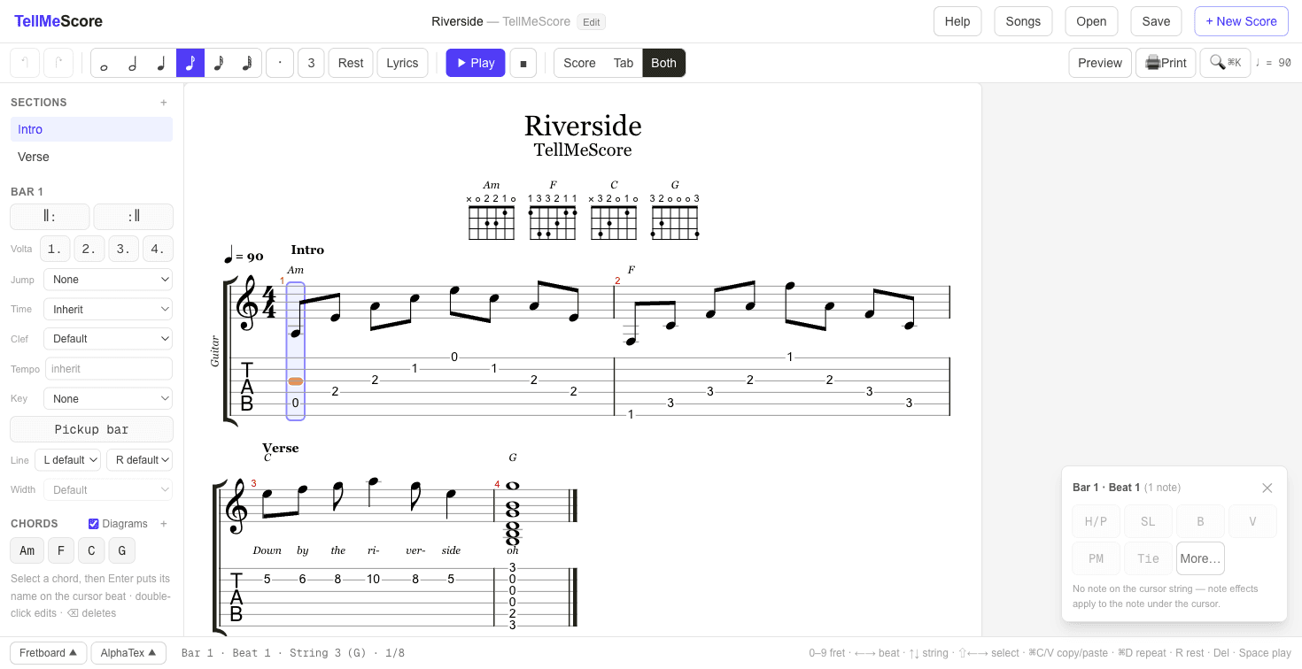 The TellMeScore editor showing a song with chord diagrams, standard notation, tablature, lyrics, the sidebar and the effects panel