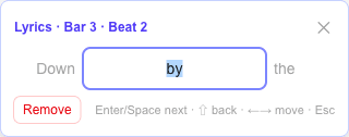 The lyrics panel showing the syllable under the cursor with the previous and next syllables for context