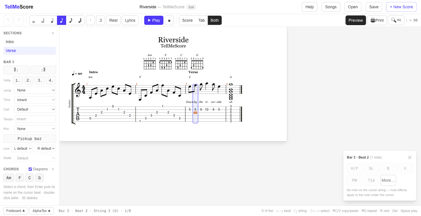 The editor in print preview mode, rendering the score at A4 page width exactly as it will print