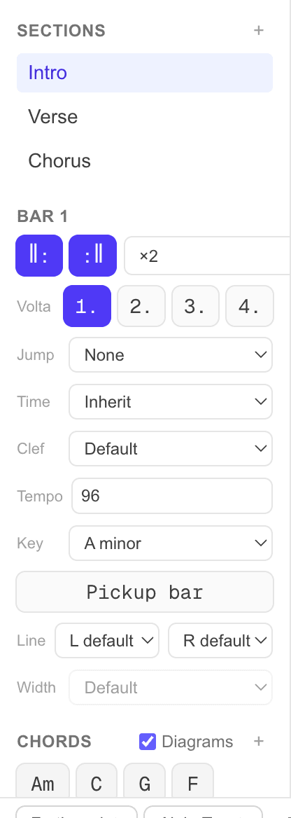 The editor sidebar showing the Sections list, the Bar settings block with repeats, volta, jump, time, clef, tempo and key controls, and the Chords palette