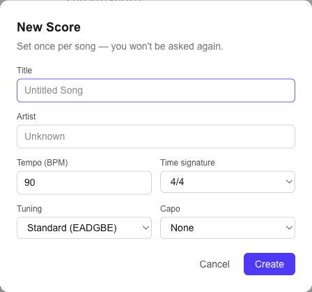 The New Score wizard with title, artist, tempo, time signature, tuning and capo fields